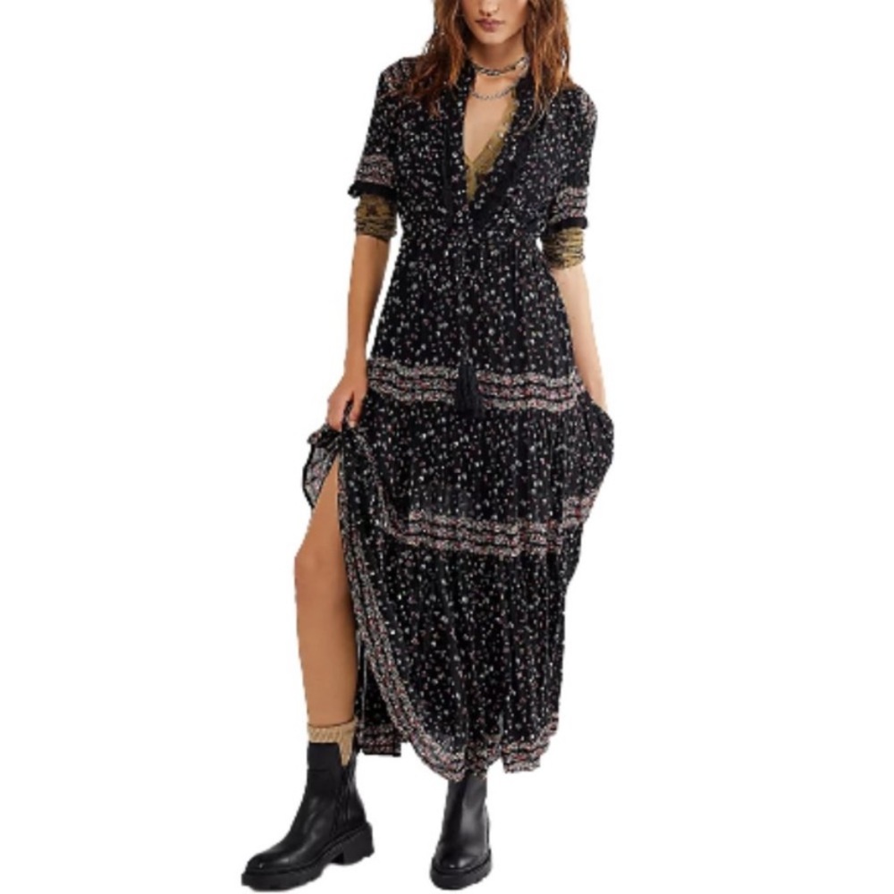 Free People Rare Feelings Maxi Dress Black Combo Size Small